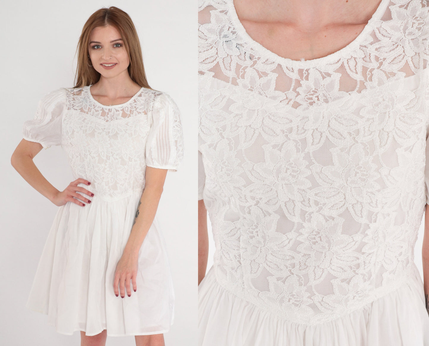 Y2K White Lace Mini Dress Puff Sleeve High Waist Bow Back Small