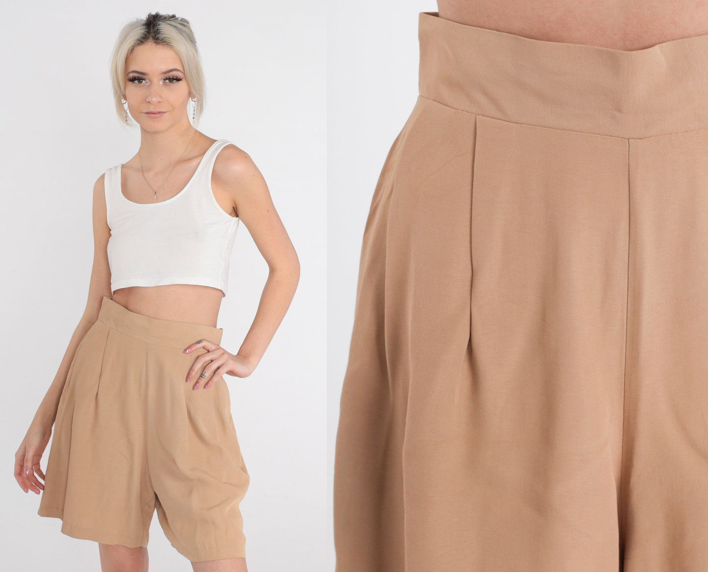 70s Tan Pleated High-Waisted Trouser Shorts Mid Length Small