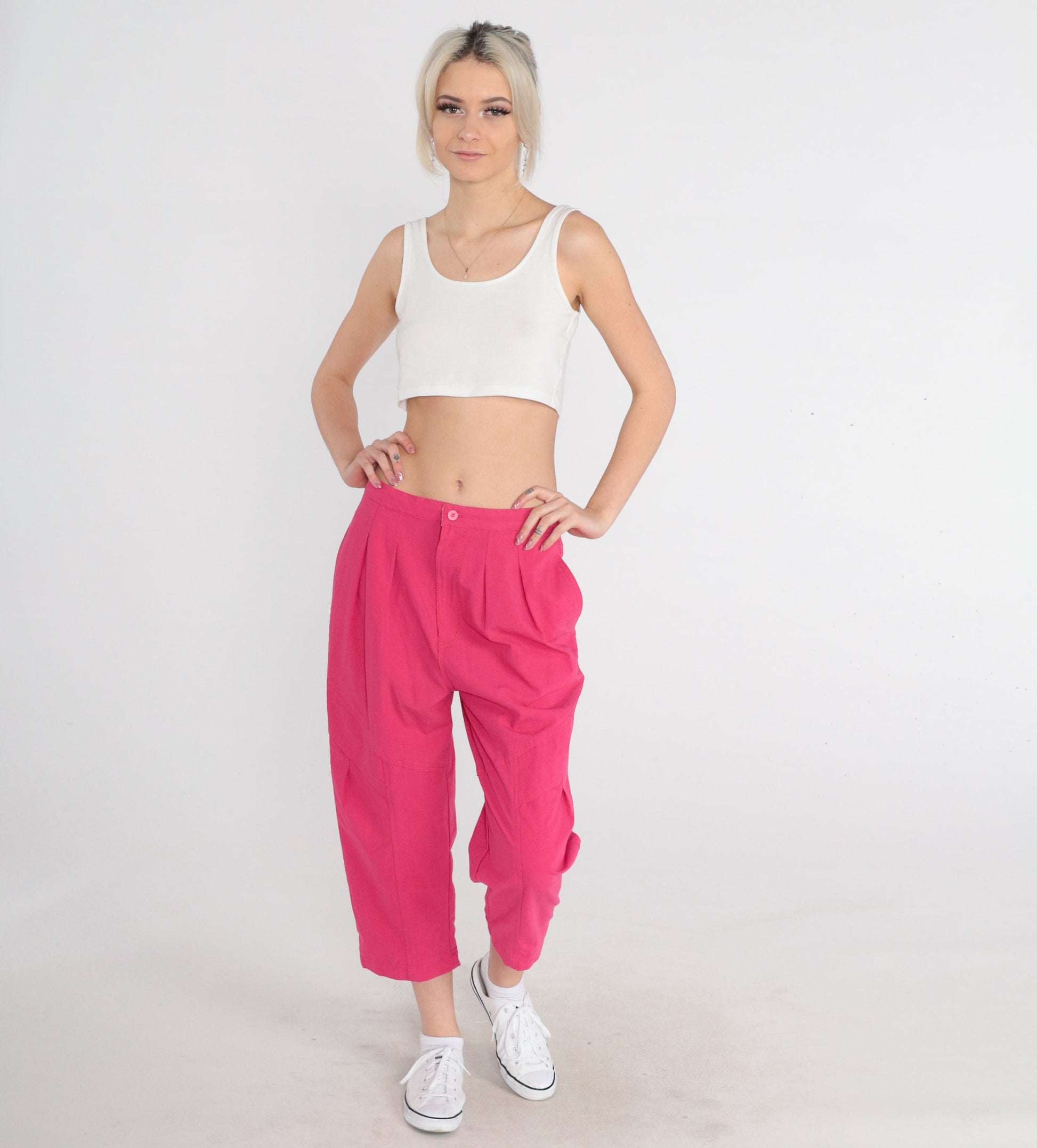 90s Gitano Pink Pleated Cropped Trousers High Rise Cotton Small