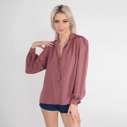 80s Dusty Purple Button-Up Blouse Puff Sleeve Pleated Collared Medium M