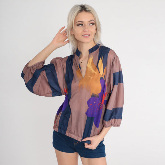 70s Striped Floral Blouse V-Neck 3/4 Sleeve Taupe Navy Yellow Medium