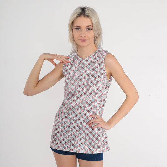 70s Plaid Tank Top White Red Blue Checkered Sleeveless Blouse Small