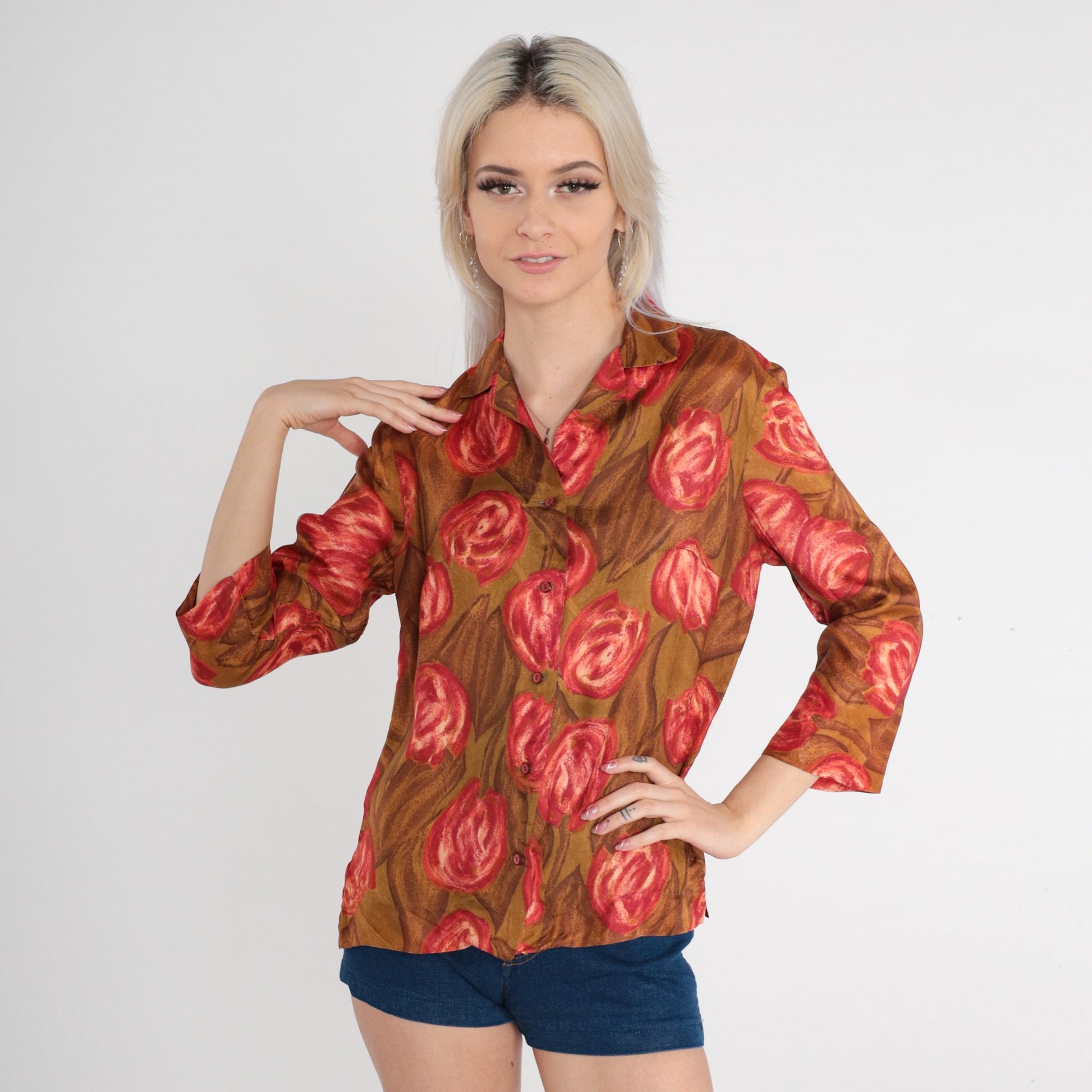 70s Tulip Print Silk Blouse Brown Button Up Floral Shirt 3/4 Sleeve Medium
