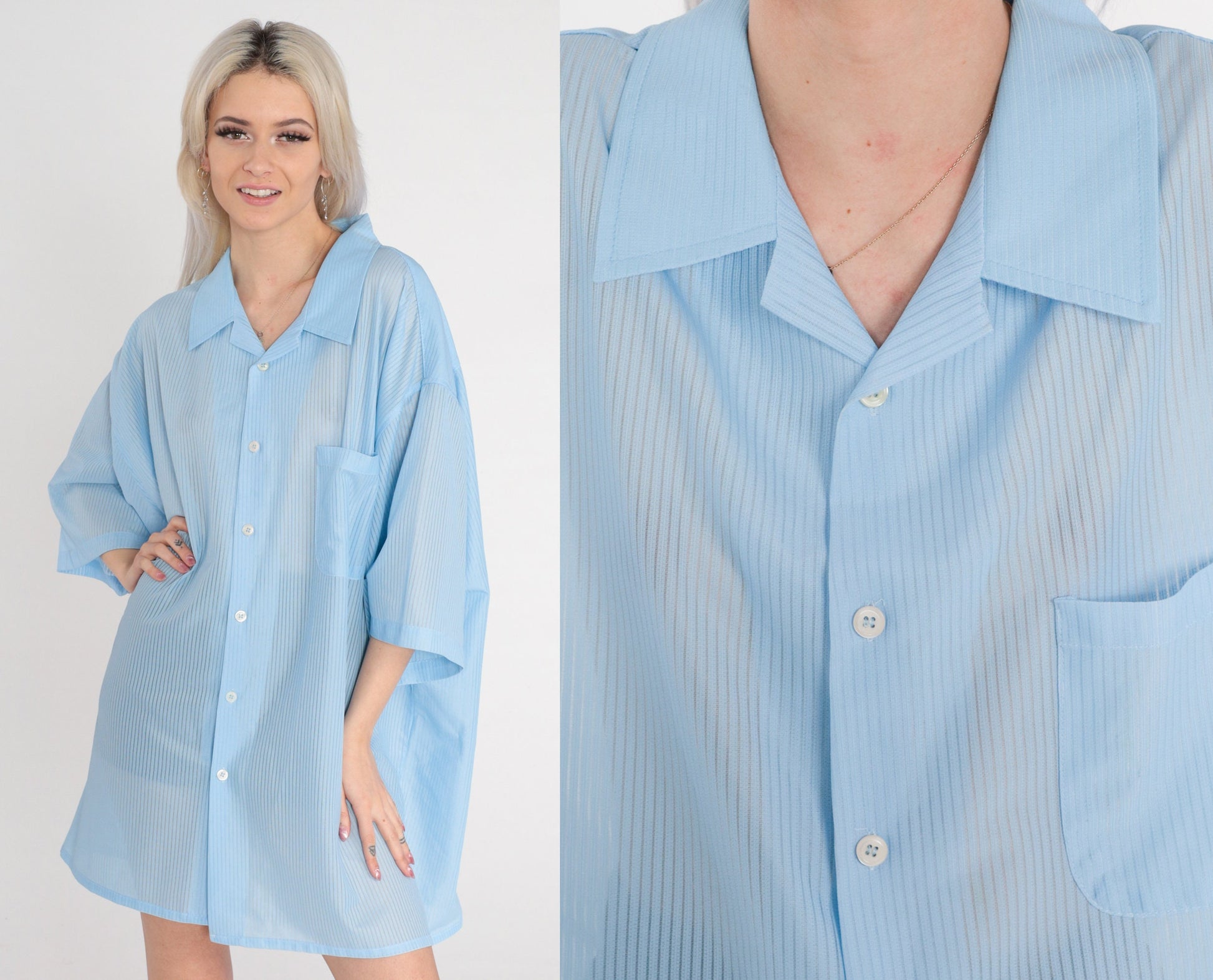 80s Striped Blue Button-Up Shirt Mens 3XL Tall Short Sleeve Chest Pocket