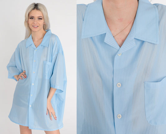80s Striped Blue Button-Up Shirt Mens 3XL Tall Short Sleeve Chest Pocket
