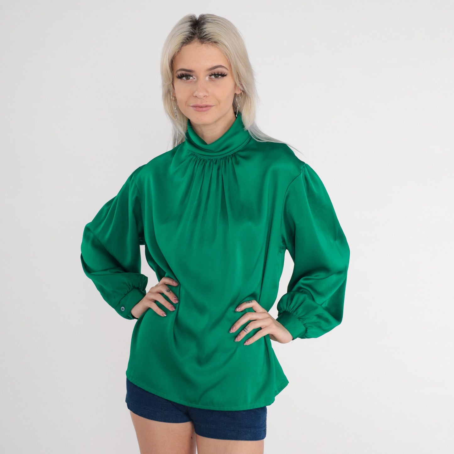80s Green Satin Pleated Blouse Mock Neck Button Back Long Sleeve Medium