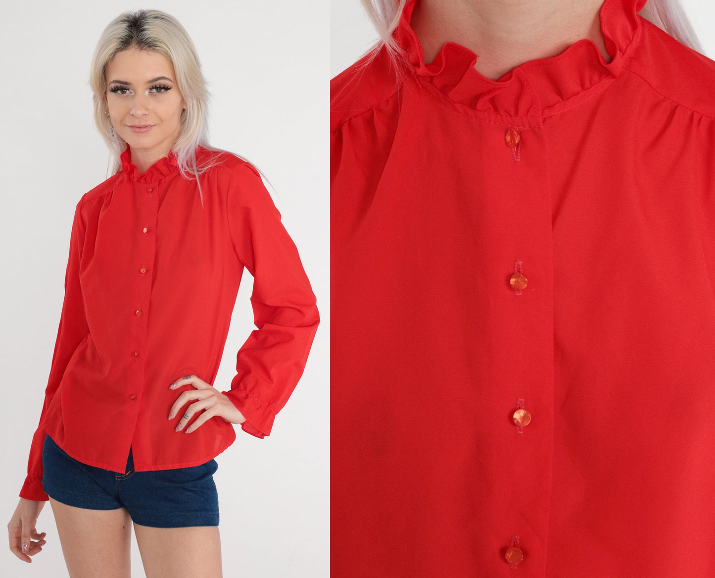 80s Red Ruffle Blouse High Neck Button-Up Sheer Long Sleeve Small