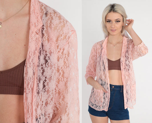 70s Playmate Pink Lace Bed Jacket 3/4 Sleeve Open Front Medium M
