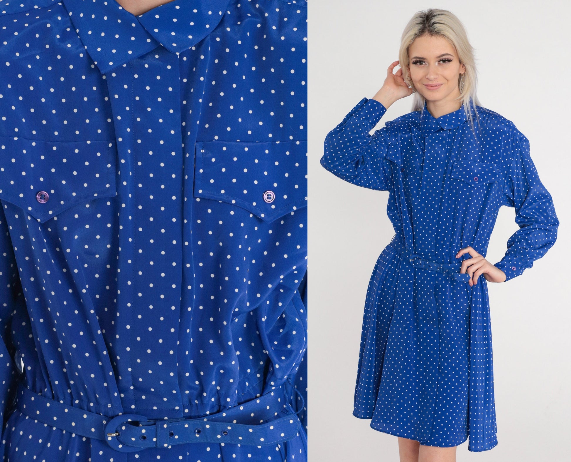 1970s Blue Polka Dot Mini Dress Button-Up High Waist Belt Long Sleeve Medium