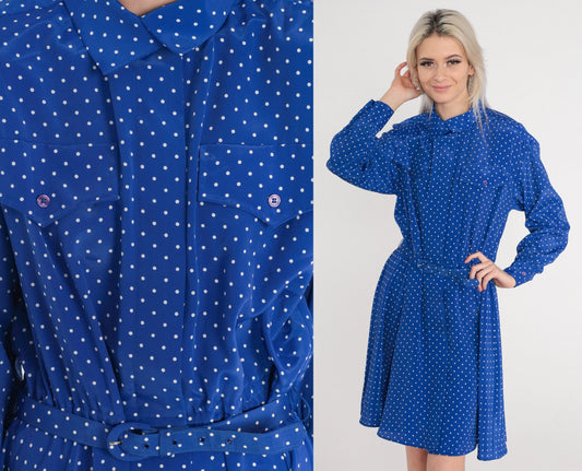 1970s Blue Polka Dot Mini Dress Button-Up High Waist Belt Long Sleeve Medium