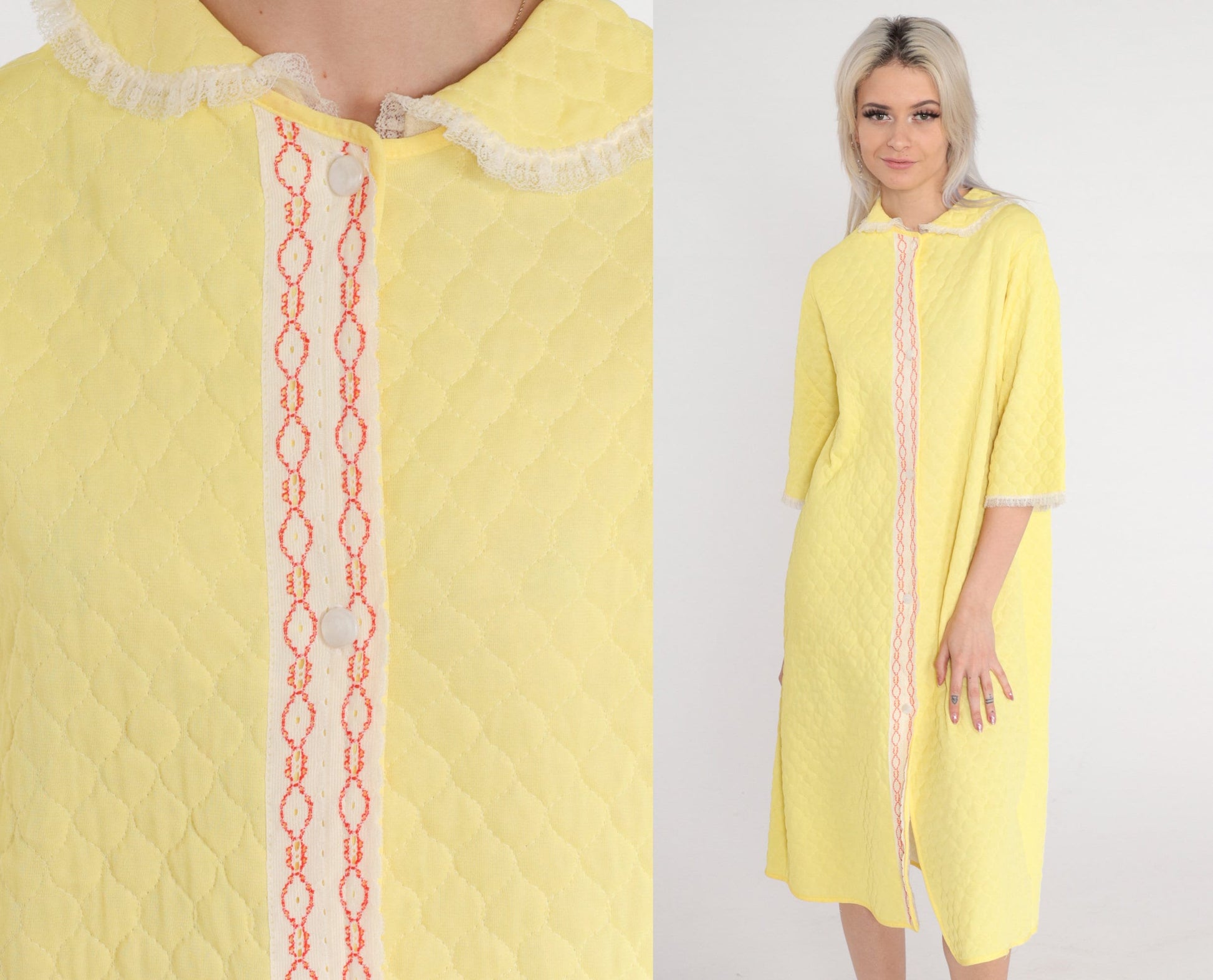 70s Yellow Quilted Nightgown Midi Peter Pan Collar Lace Trim Medium M