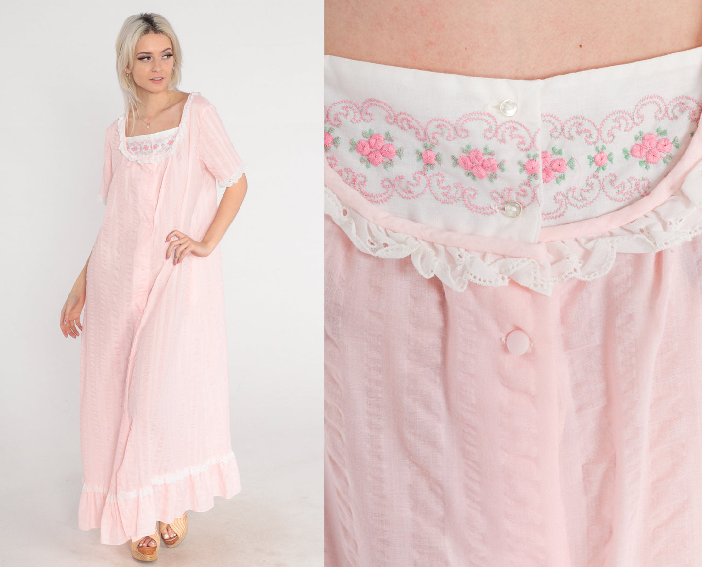 70s Baby Pink Striped Nightgown Maxi Eyelet Lace Floral Embroidered Medium