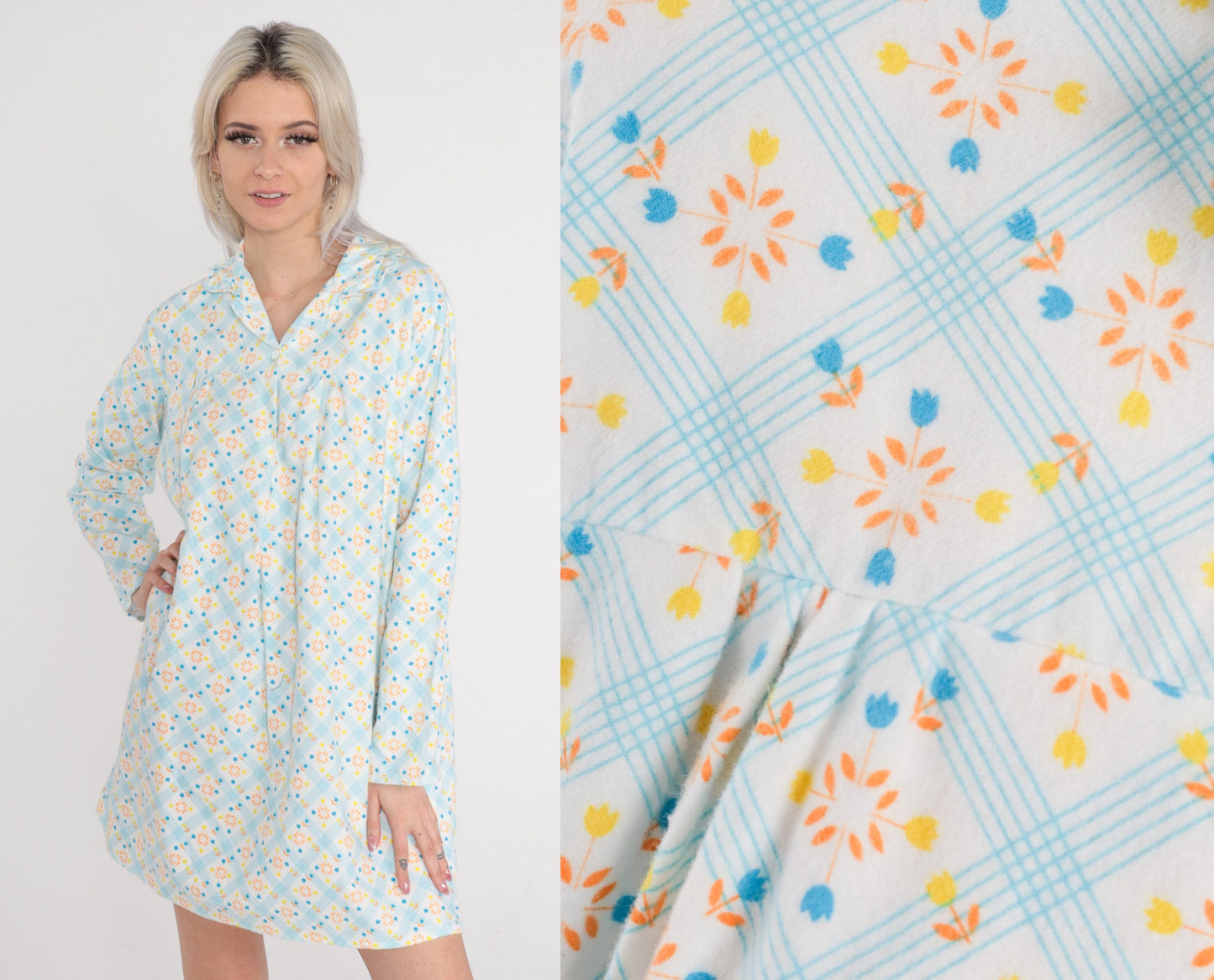 70s Checkered Floral Pajama Dress Cotton Fleece Nightgown Mini White Blue Medium