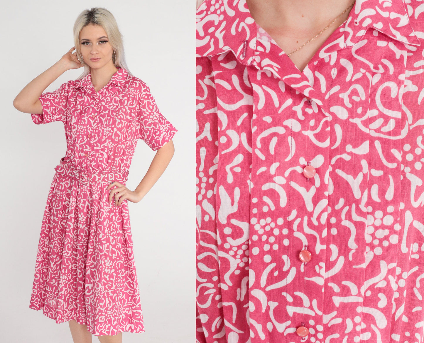 80s Leslie Fay Pink Floral Midi Shirtwaist Dress High Waisted Belted Medium