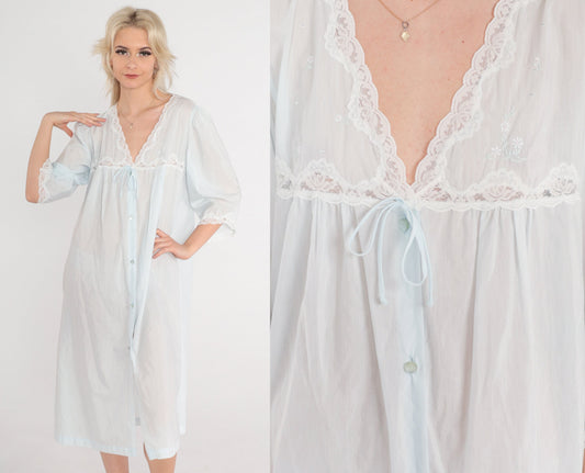 90s Pastel Blue Lace Nightgown Semi-Sheer Button-Front Midi Nightie Large L