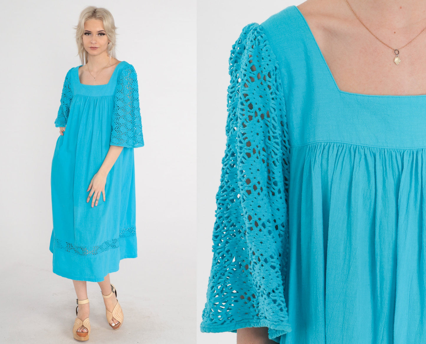 90s Turquoise Cotton Midi Dress Cutout Lace Bell Sleeve Tent Cut Medium M