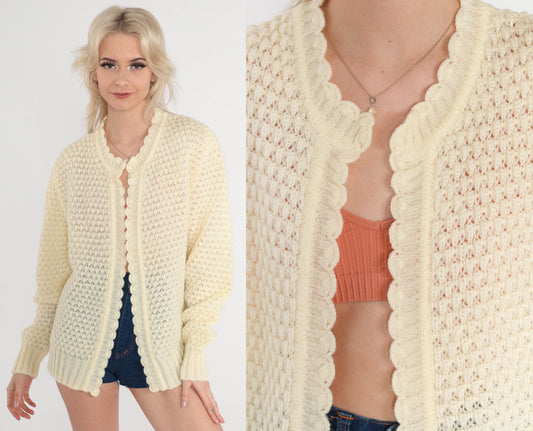 70s Cream Pointelle Cardigan Chunky Knit Scalloped Open Front Large