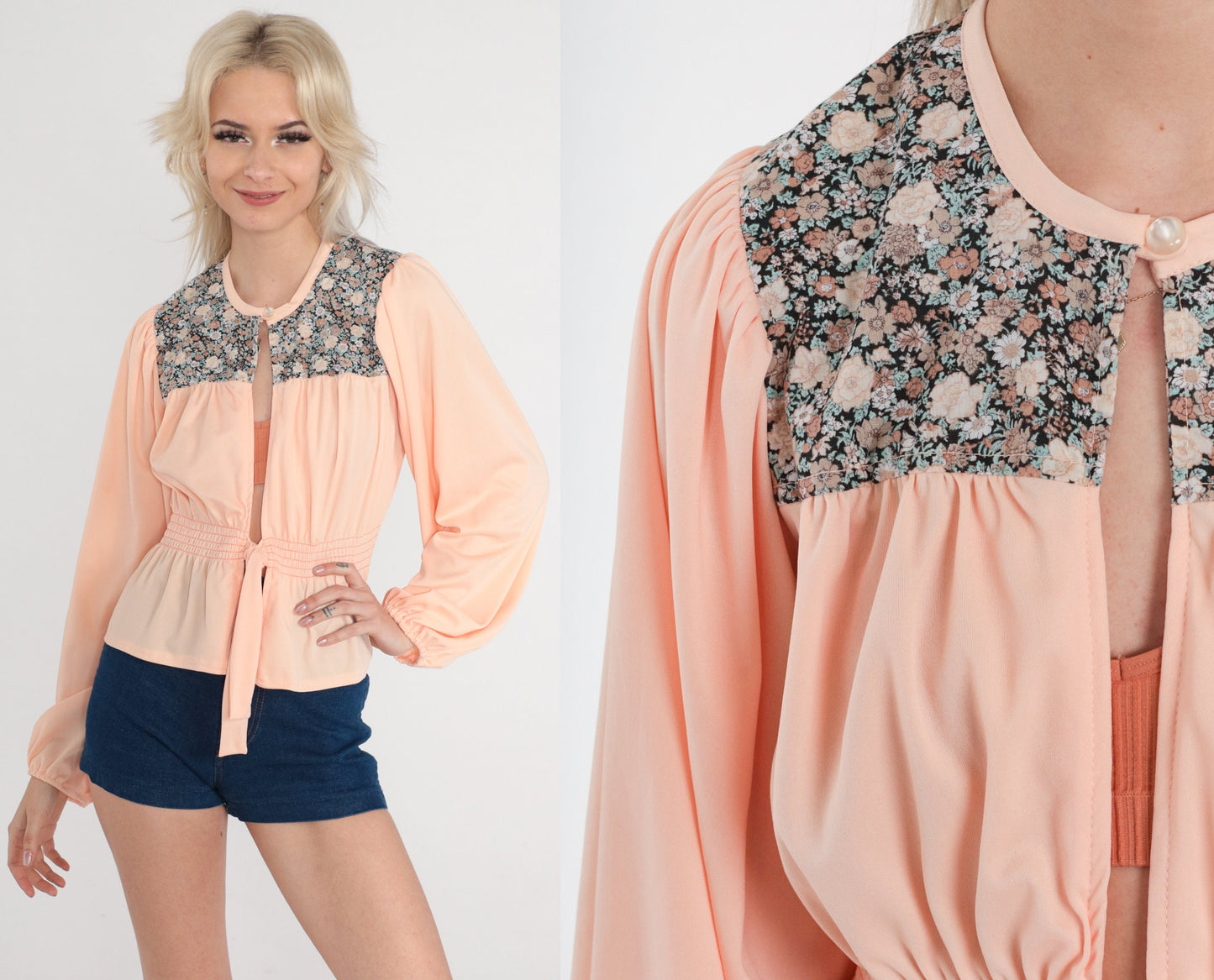 70s Peasant Blouse Pink Floral Puff Sleeve Tie Front Top Extra Small