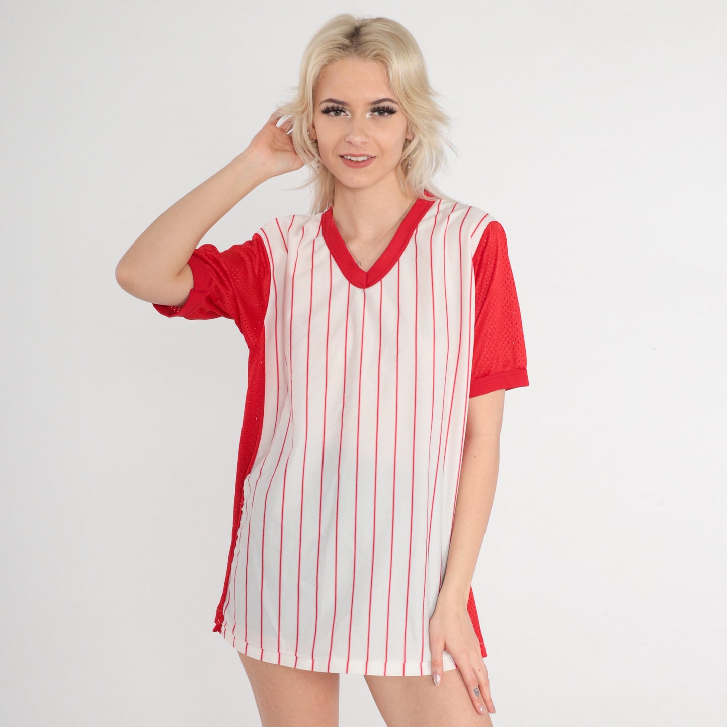 80s Mel's Outer Limits Baseball Jersey Red White Striped Mesh Ringer Tee Medium