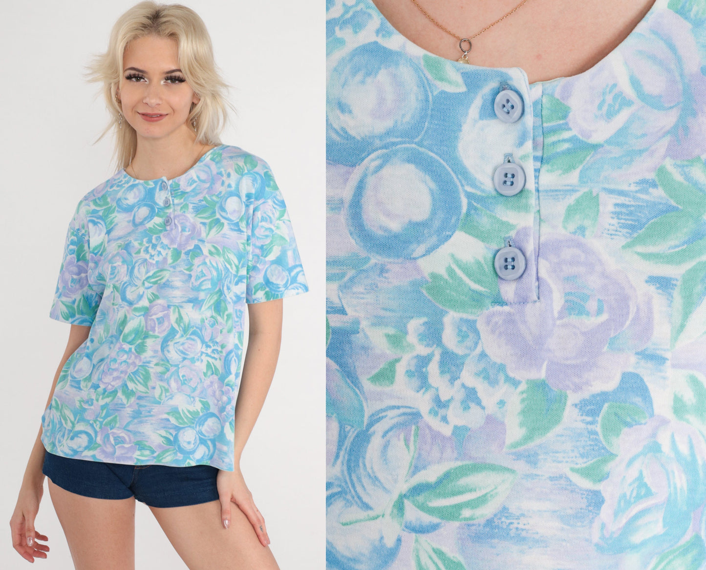 80s Floral Fruit Print Henley Shirt Blue Purple Short Sleeve Small