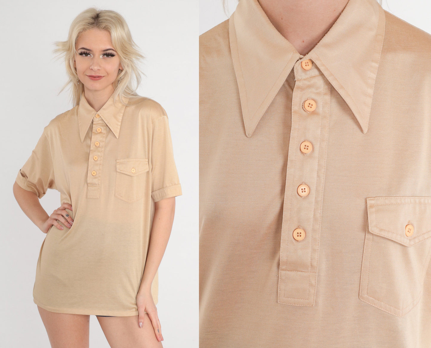 70s Tan Polo Shirt Dagger Collar Button-Up Short Sleeve Medium