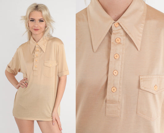 70s Tan Polo Shirt Dagger Collar Button-Up Short Sleeve Medium