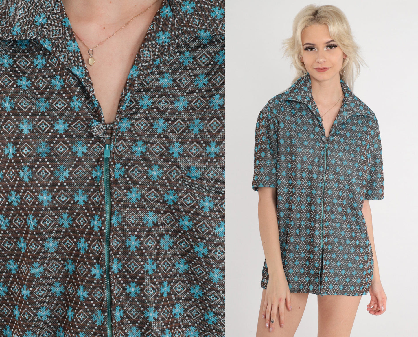 70s Disco Shirt Geometric Tile Print Zip Up Wing Collar Brown Blue Striped Large