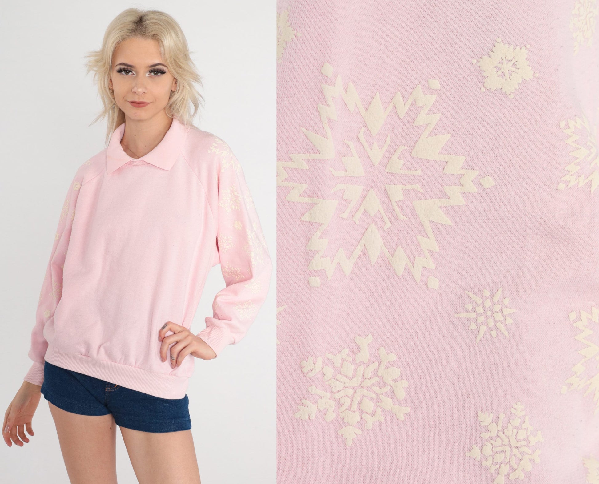 90s Gitano Snowflake Raglan Sweatshirt Baby Pink Collared Medium M