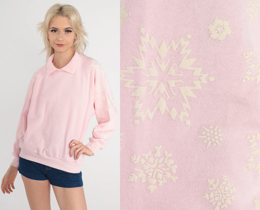 90s Gitano Snowflake Raglan Sweatshirt Baby Pink Collared Medium M