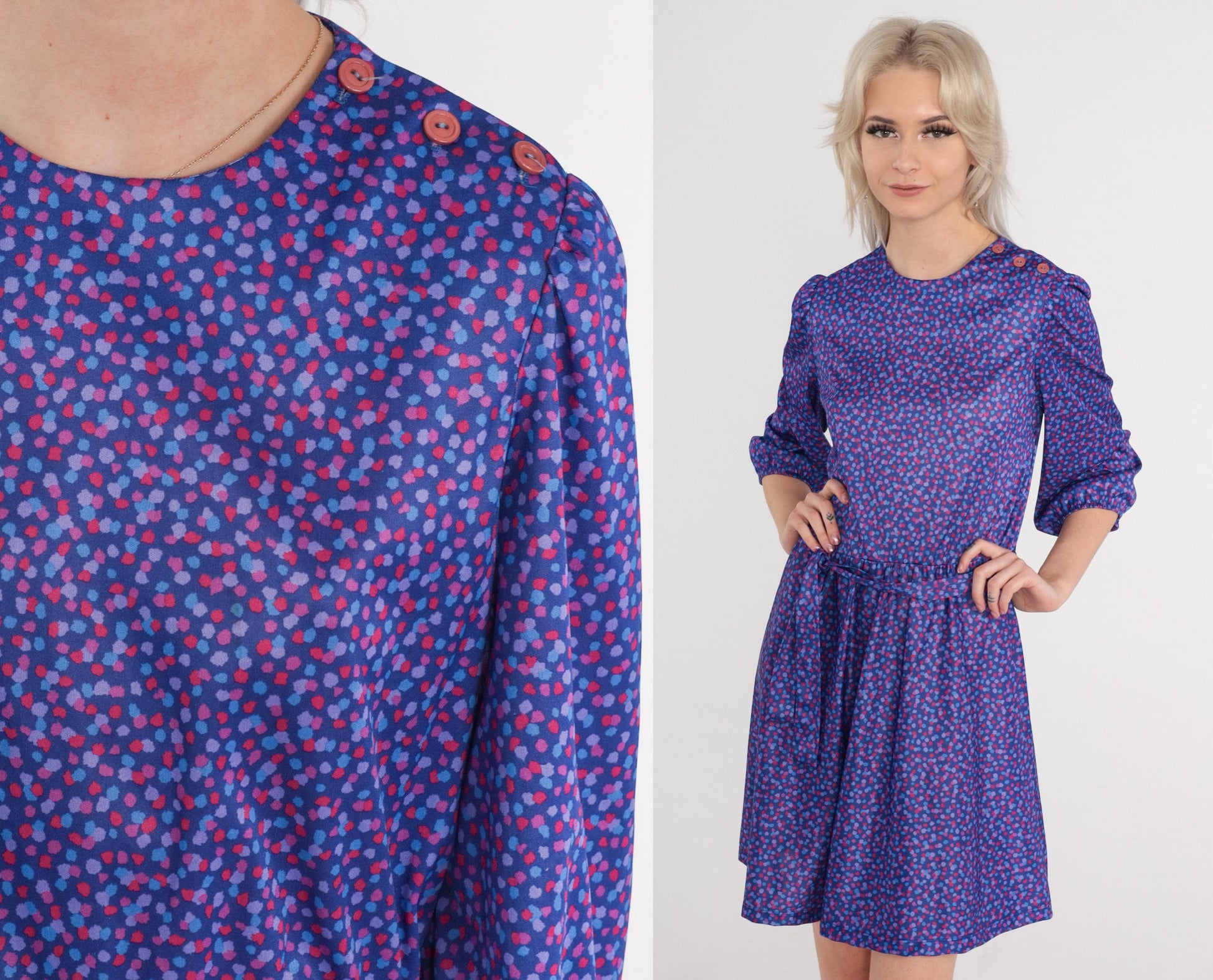 80s Purple Confetti Mini Dress Puff Sleeve Shoulder Buttons Small