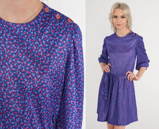 80s Purple Confetti Mini Dress Puff Sleeve Shoulder Buttons Small