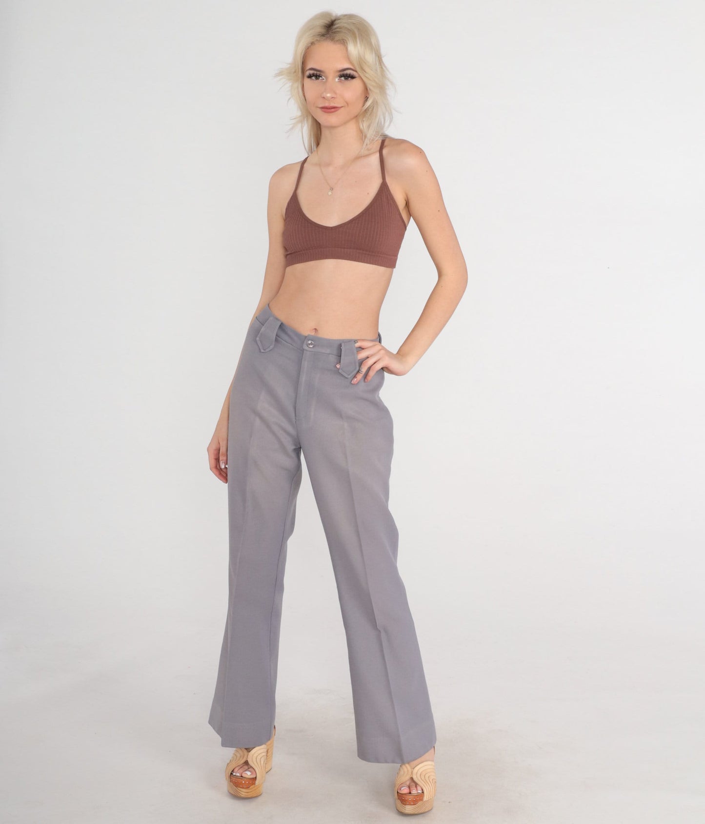 70s Grey Flared Trousers High Waist Creased Leg Vintage Lasso Small