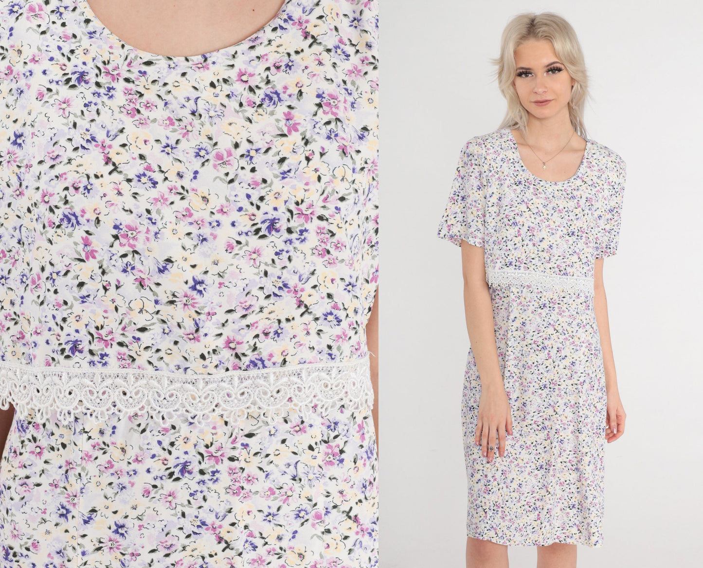 90s Floral Midi Dress White Lace Trim Short Sleeve Shift Medium