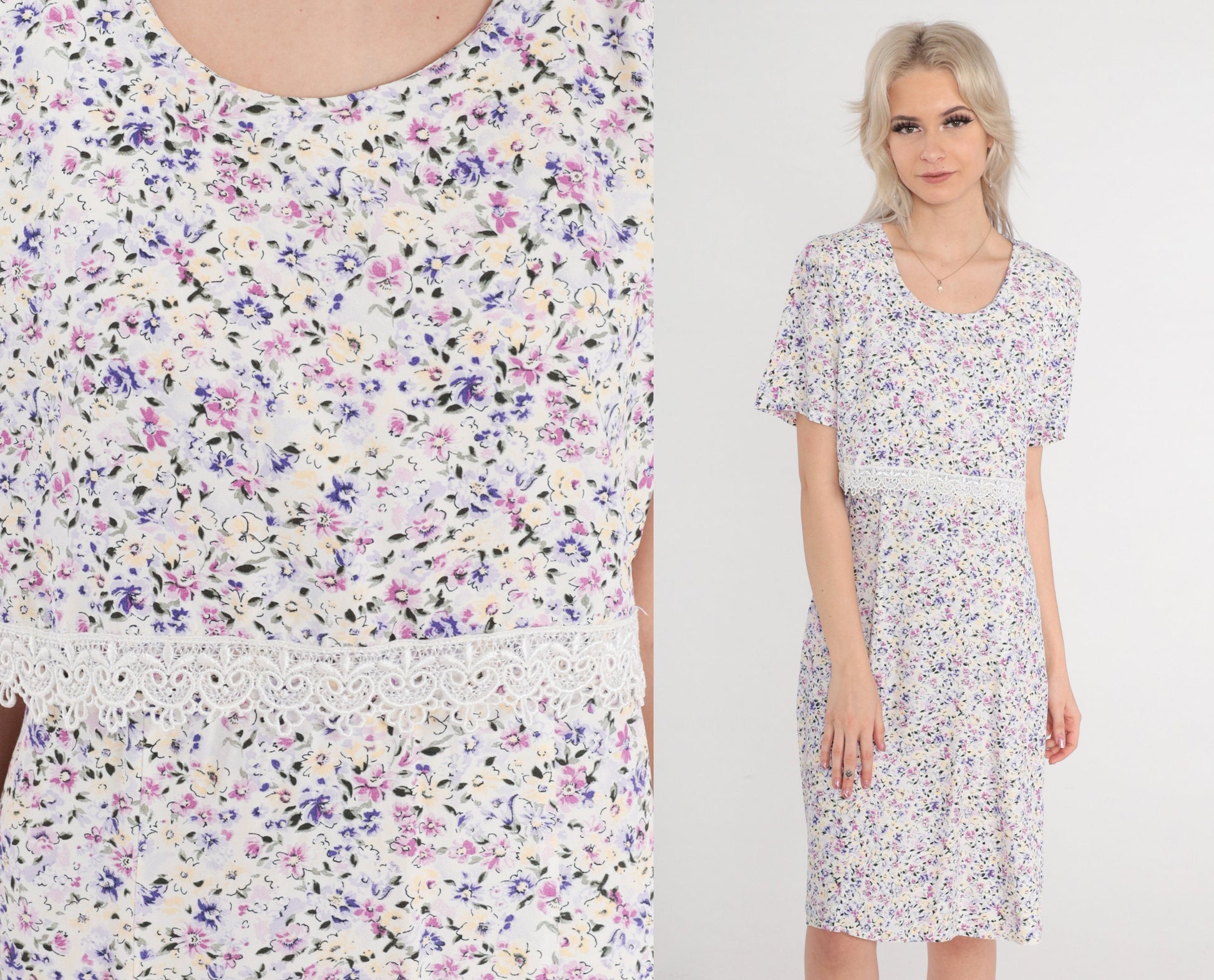 90s Floral Midi Dress White Lace Trim Short Sleeve Shift Medium