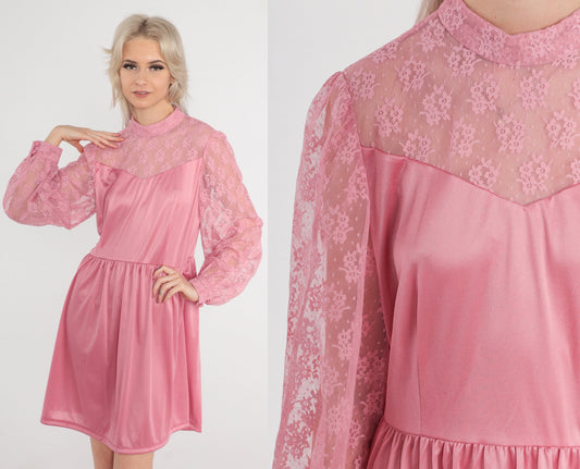 70s Pink Mini Dress Lace Neckline High Waist Long Sleeve Medium