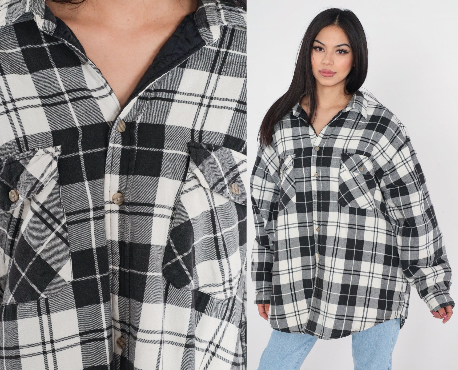 90s Black White Plaid Button Jacket Plus Size XXL