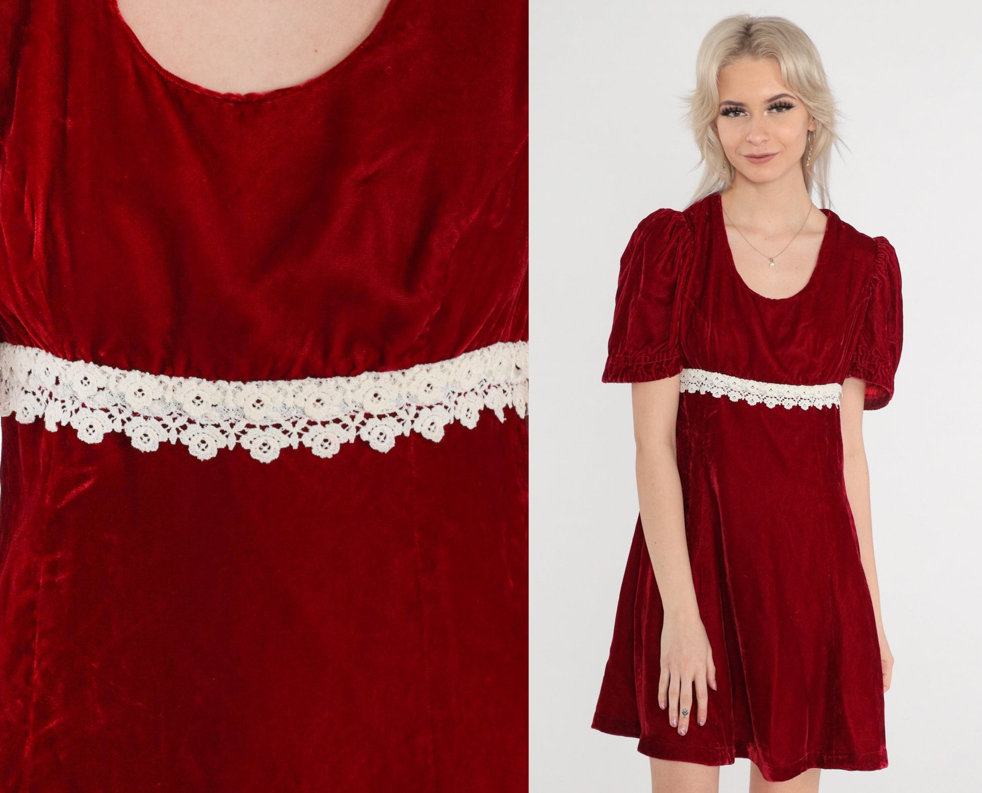 70s Red Velvet Mini Dress Puff Sleeve Empire Waist Lace Trim Small
