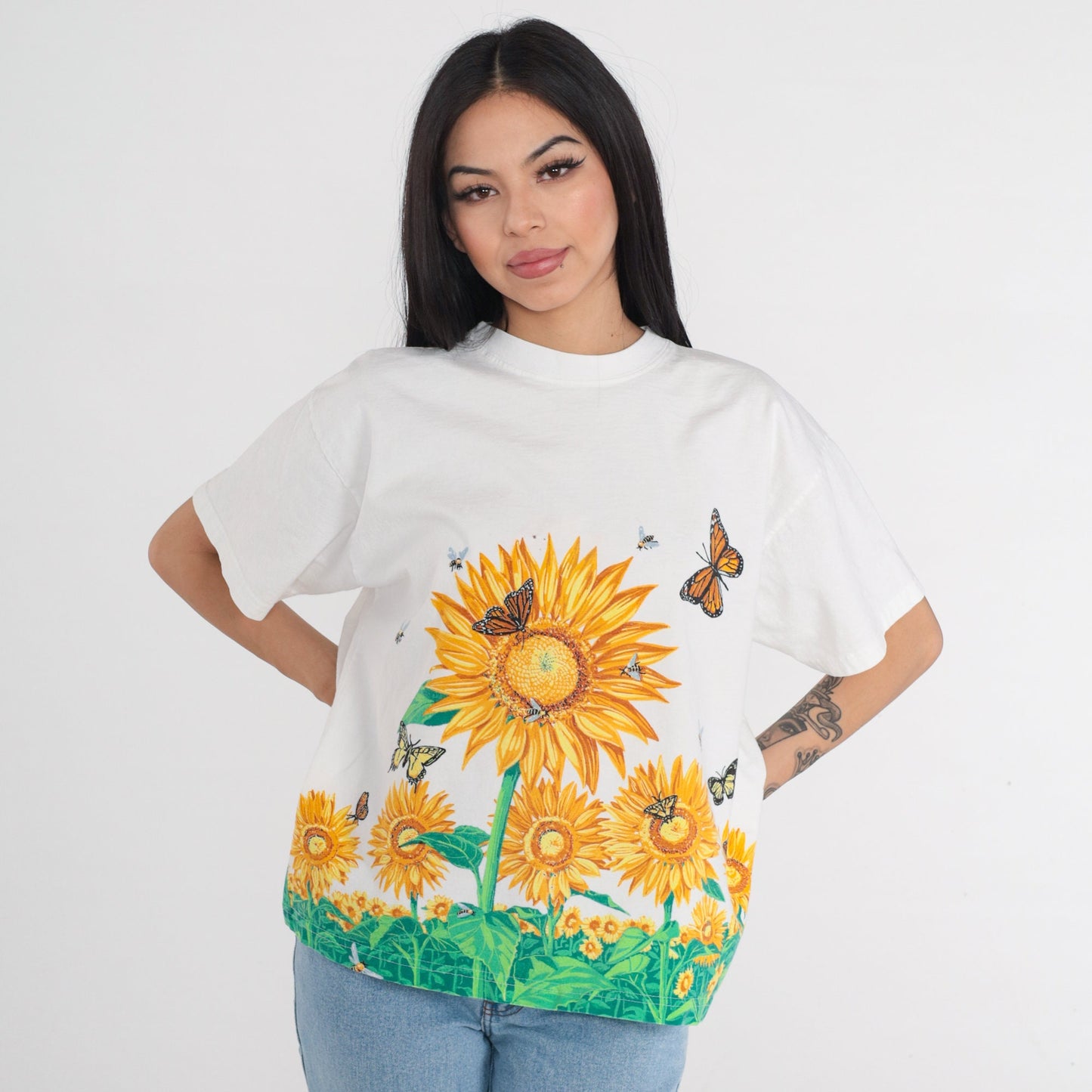 90s Sunflower Bumblebee Butterfly Graphic T-Shirt Cotton Floral Tee Large