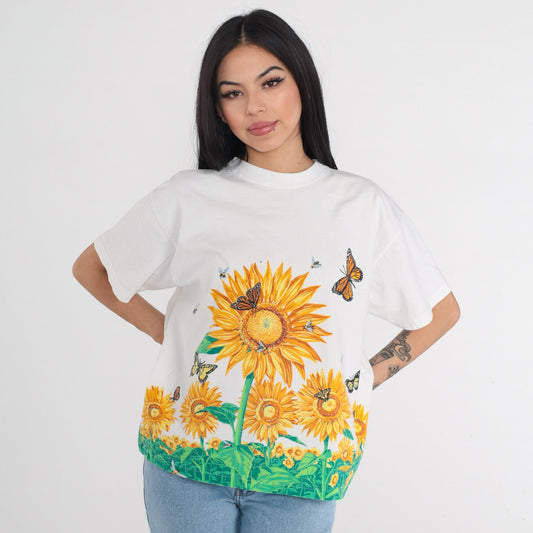 90s Sunflower Bumblebee Butterfly Graphic T-Shirt Cotton Floral Tee Large