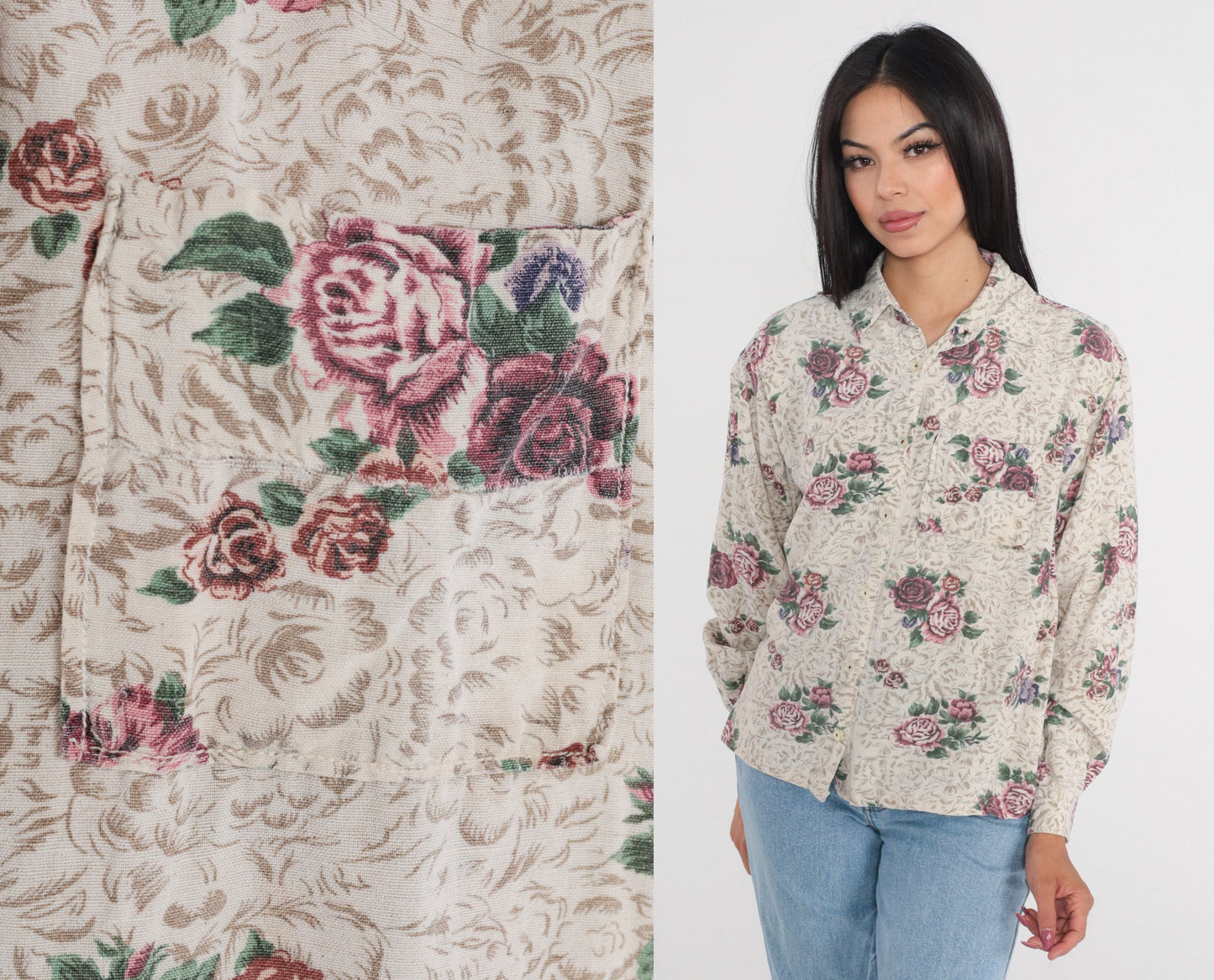 00s Lemon Grass Floral Button-Up Blouse Long Sleeve Collared Shirt Large L