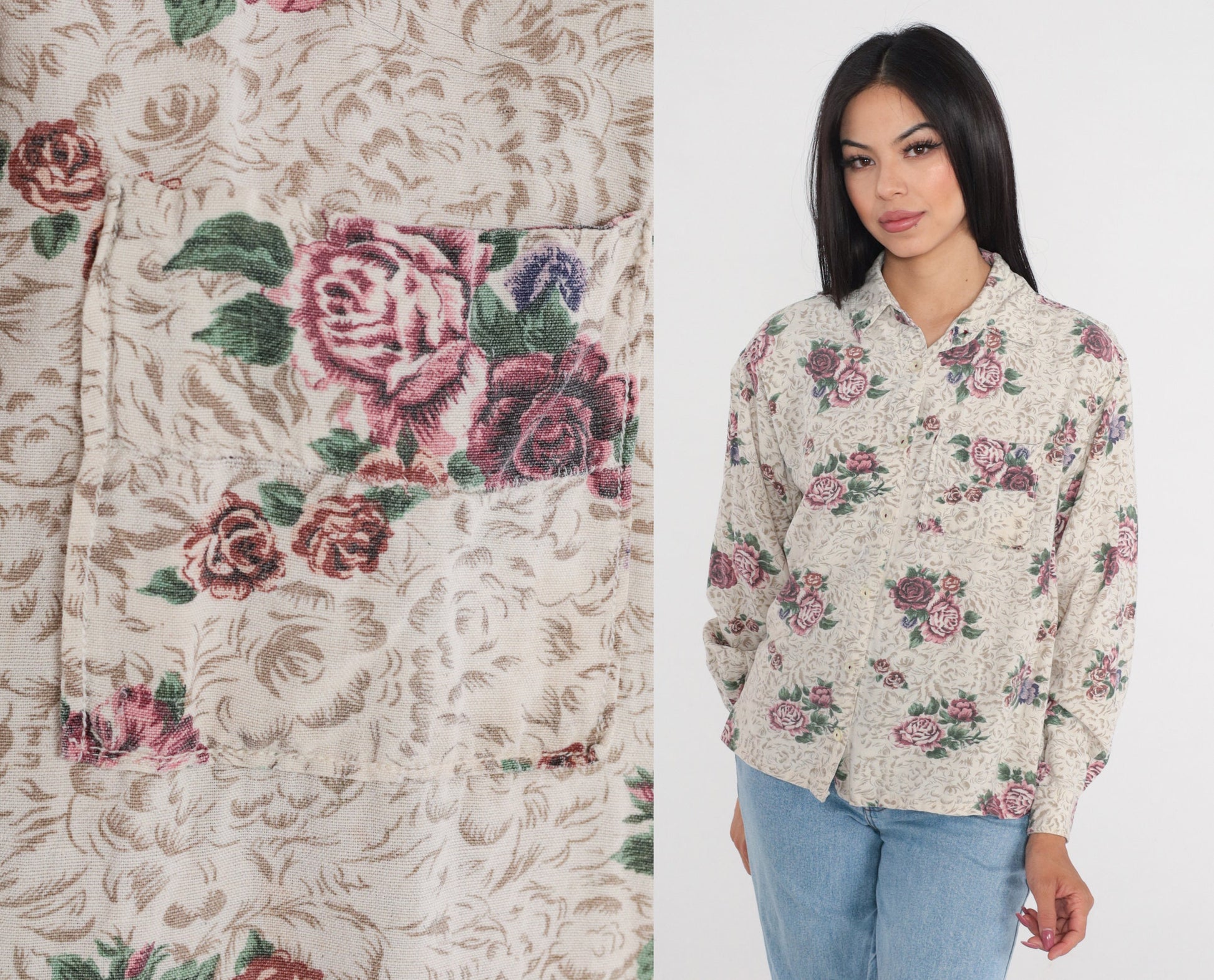 00s Lemon Grass Floral Button-Up Blouse Long Sleeve Collared Shirt Large L