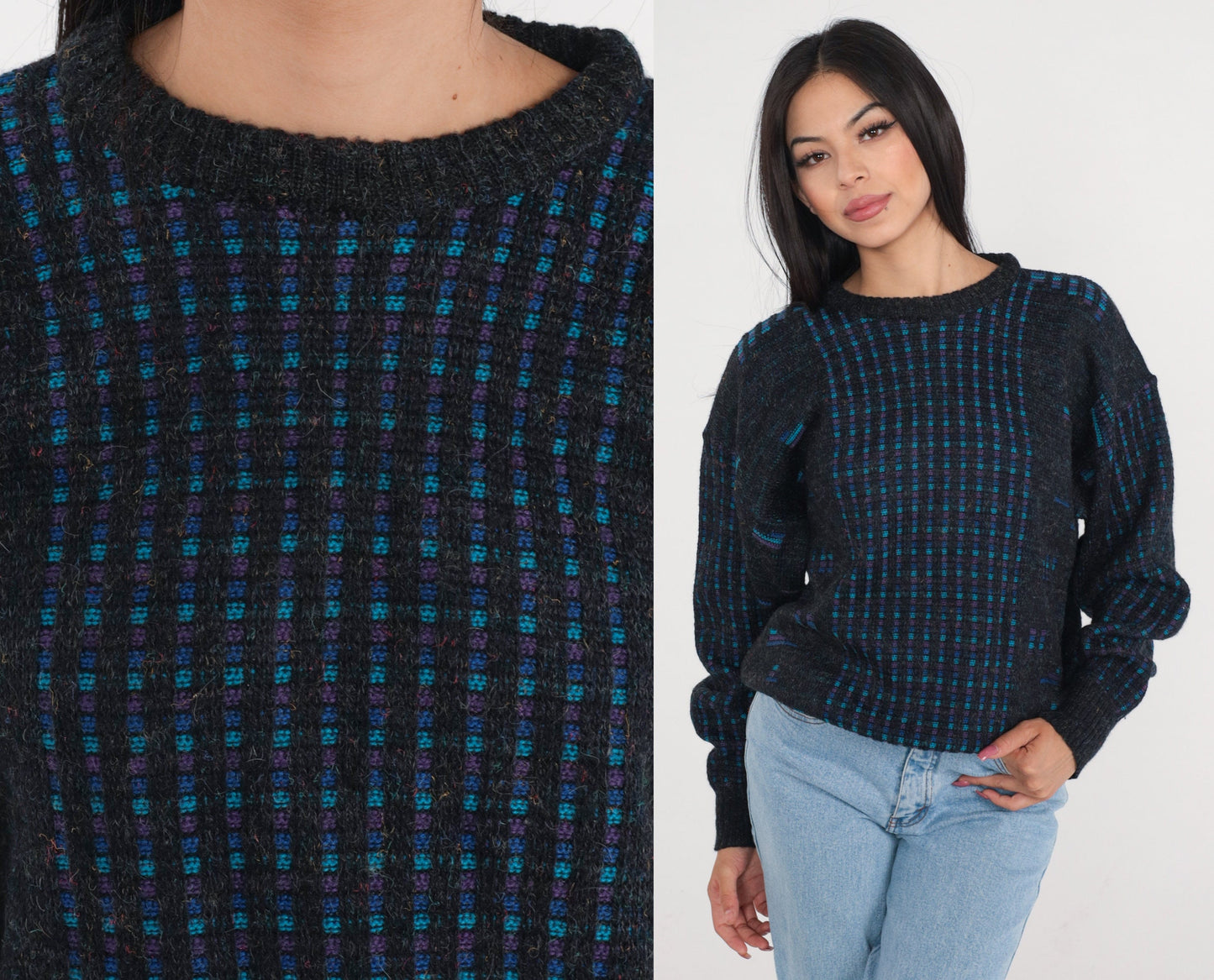 90s Checkered Knit Sweater Dark Grey Blue Purple Pullover Medium M