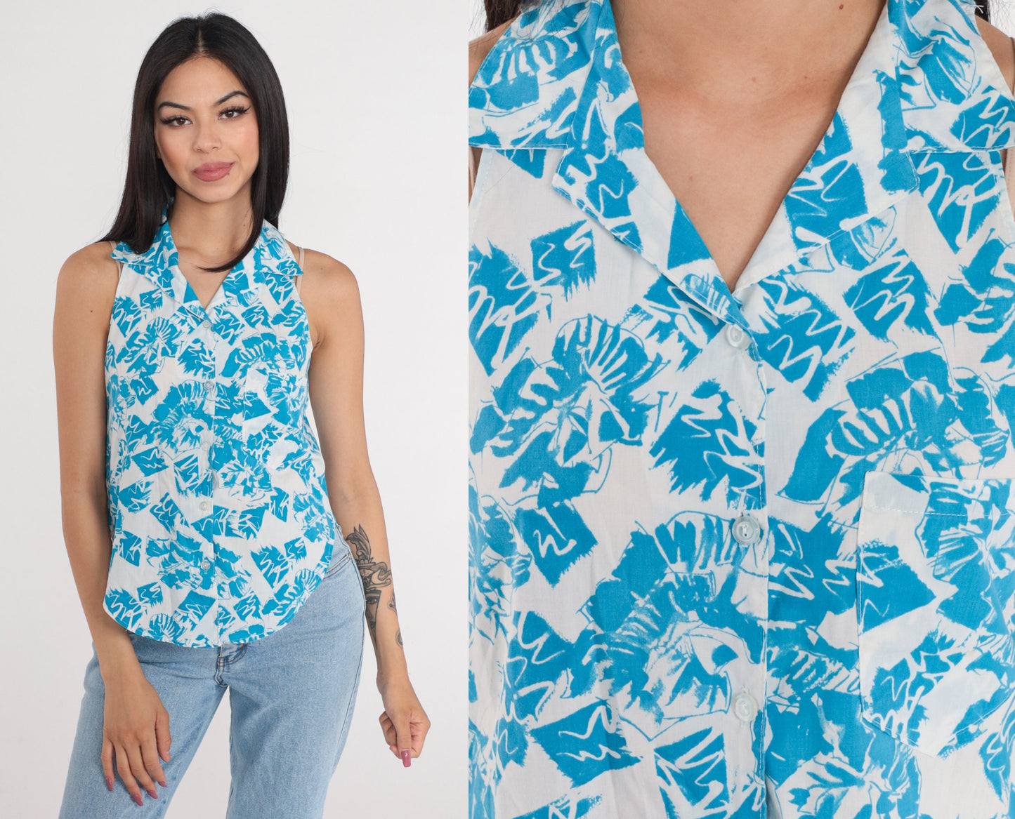 90s White Blue Abstract Print Button-Up Tank Top Small S
