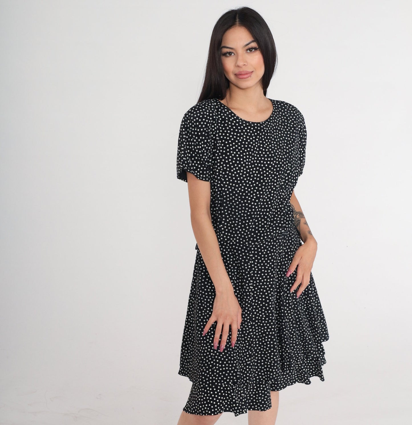 90s Black White Polka Dot Mini Dress High Waisted Skater Short Sleeve Medium