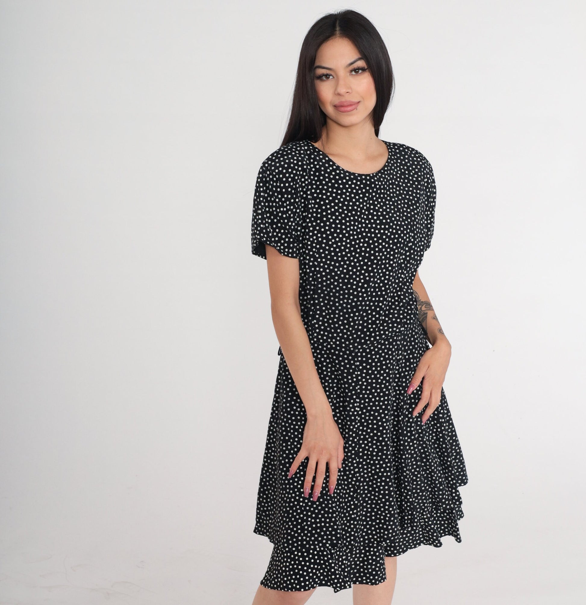 90s Black White Polka Dot Mini Dress High Waisted Skater Short Sleeve Medium