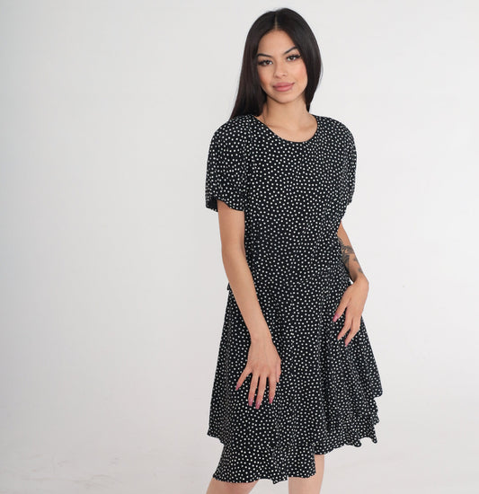 90s Black White Polka Dot Mini Dress High Waisted Skater Short Sleeve Medium