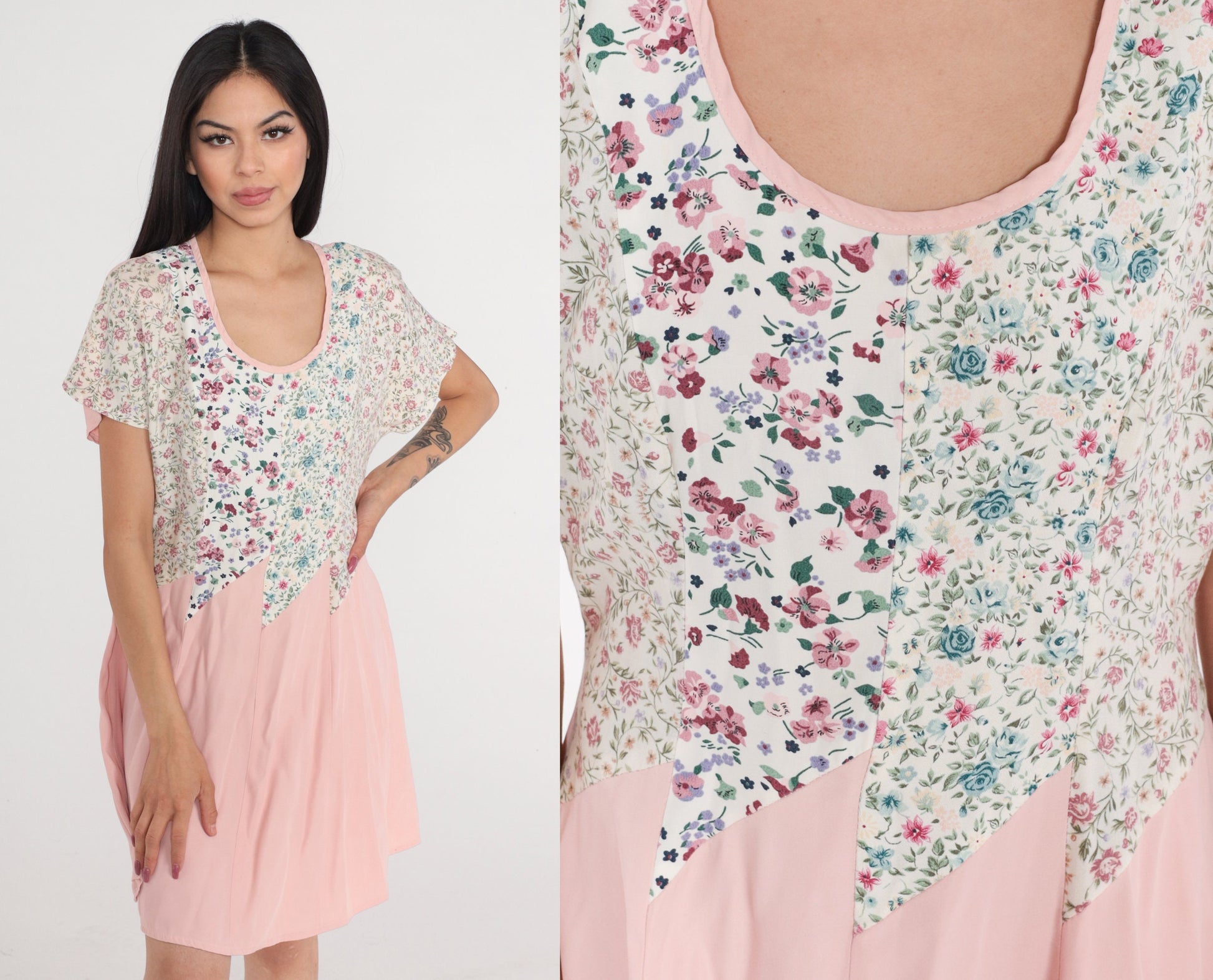 90s Floral Skater Mini Dress Pink White Graphic Short Sleeve Medium M