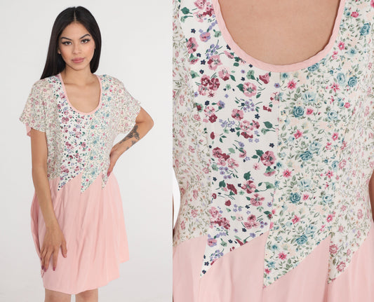 90s Floral Skater Mini Dress Pink White Graphic Short Sleeve Medium M