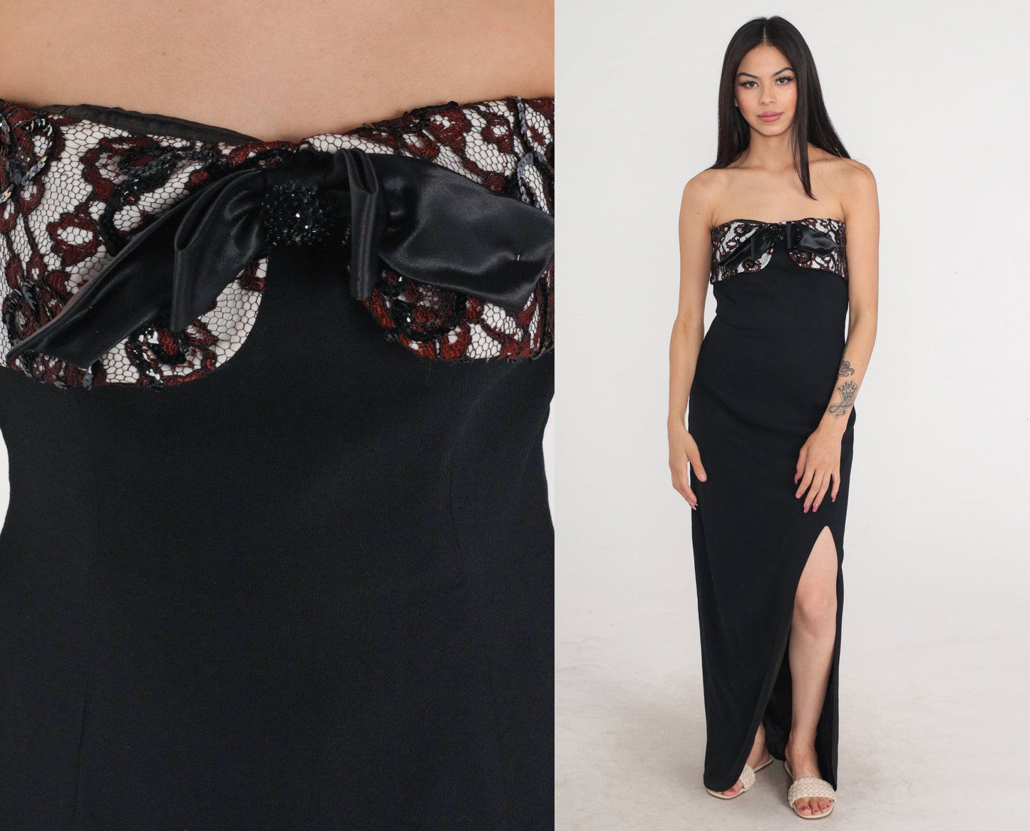 Y2K Black Strapless Maxi Dress Lace Bow Side Slit Formal Gown Small S