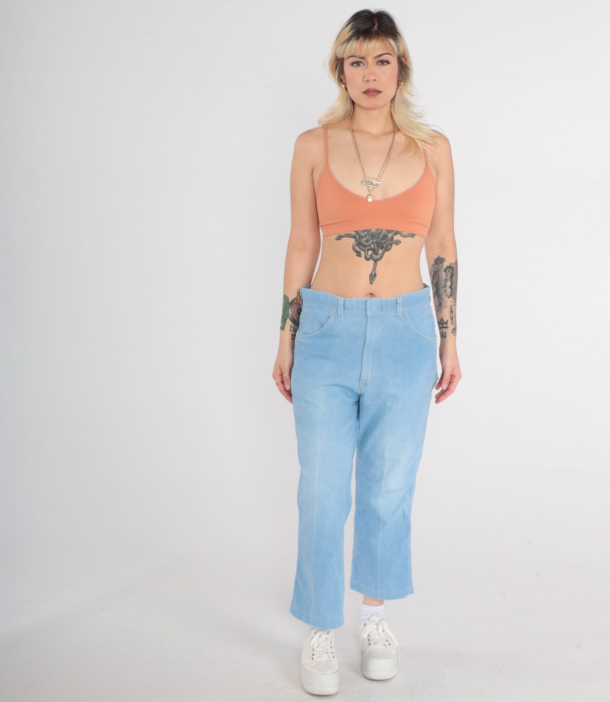 70s Bell Bottom Flared Jeans Men's 33 High Rise Denim Blue Medium